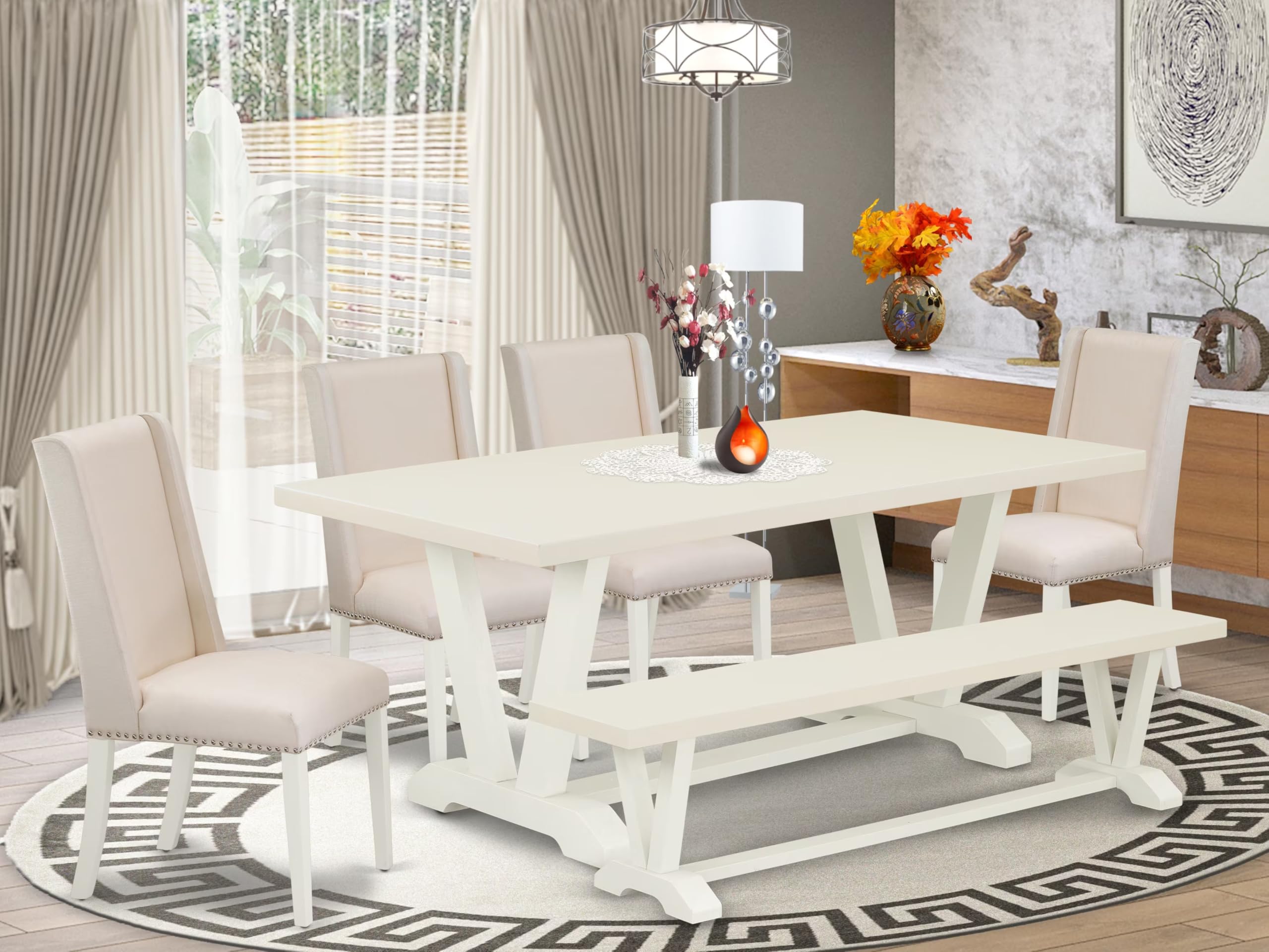 East West Furniture V027Fl201-6 6 Piece Dining Room Set Contains A Rectangle Dining Table With V-Legs And 4 Cream Linen Fabric Parson Chairs With A Bench, 40X72 Inch, Multi-Color